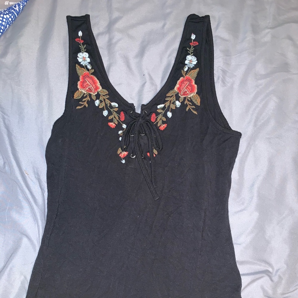 American Eagle Outfitters Black Bodysuit with Floral Embroidery